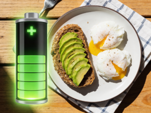 Energetyczne śniadania z niskim indeksem glikemicznym i ikona baterii