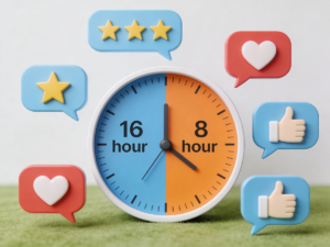 Grafika tytułowa prezentująca post przerywany 16 8 opinie i symbol zegara