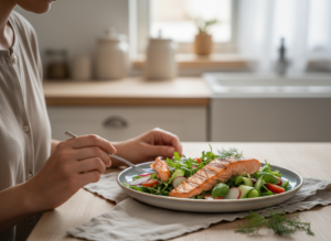 Apetyczny, zdrowy posiłek z dłońmi osoby przy stole, idealny dla dieta odchudzająca przepisy.