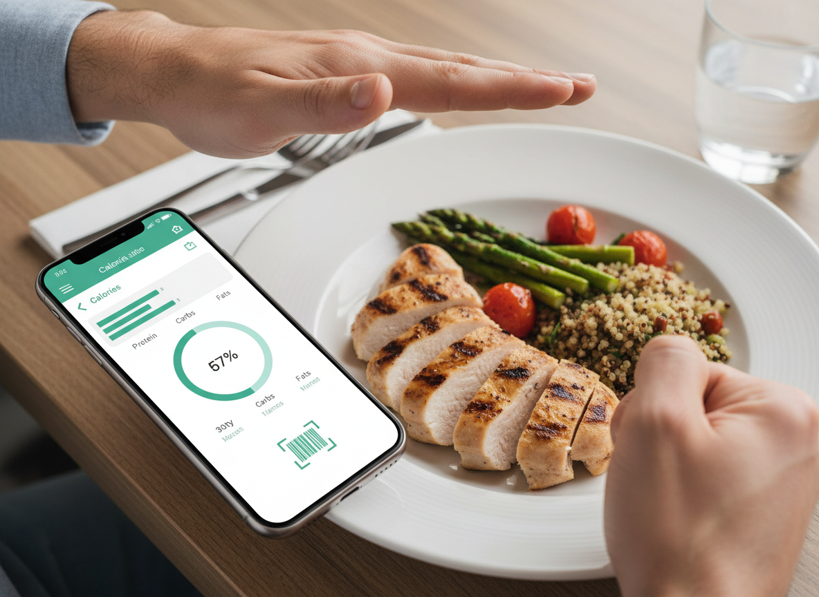 Cyfrowy przelicznik kalorii w potrawach: aplikacja na smartfonie i szacowanie posiłku w restauracji.