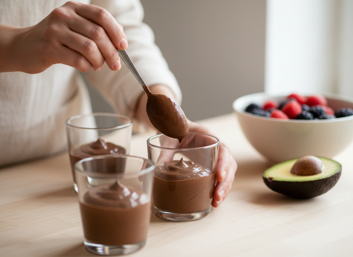 Dłonie kobiety delikatnie nakładające mus czekoladowy z awokado do szklanek, prezentujące ekonomiczne przepisy keto.