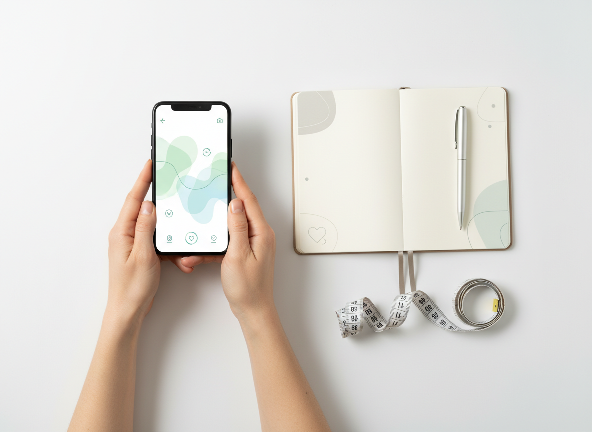 Dłonie monitorujące postępy w odchudzaniu za pomocą smartfona, dzienniczka i miarki krawieckiej.
