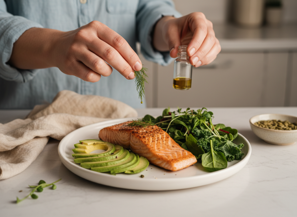 Dłonie w naturalnym świetle przygotowują świeży posiłek keto z łososiem i awokado, symbolizując pyszne przepisy keto.