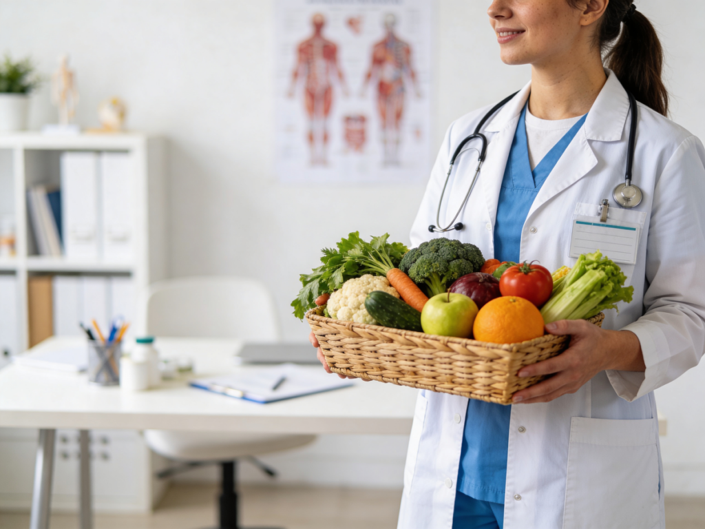 Dobry dietetyk w profesjonalnym gabinecie z koszem zdrowych warzyw