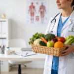 Dobry dietetyk w profesjonalnym gabinecie z koszem zdrowych warzyw
