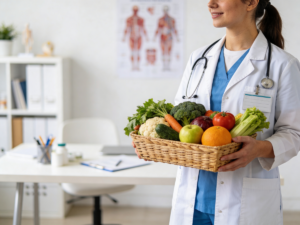 Dobry dietetyk w profesjonalnym gabinecie z koszem zdrowych warzyw