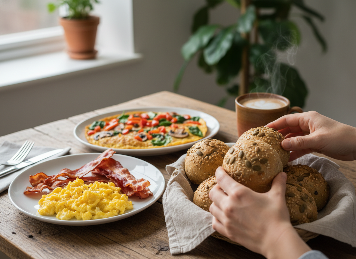 Domowe bułki keto, jajecznica z boczkiem i kawa kuloodporna na energetyczne śniadanie. Idealne przepisy keto.