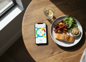 Dziennik kalorii w aplikacji na telefonie obok zdrowego posiłku