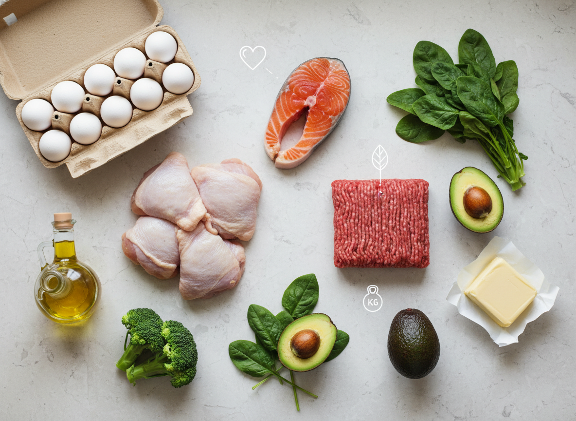 Ekonomiczne zakupy na start diety ketogenicznej: jajka, mięso, ryby, warzywa niskowęglowodanowe.