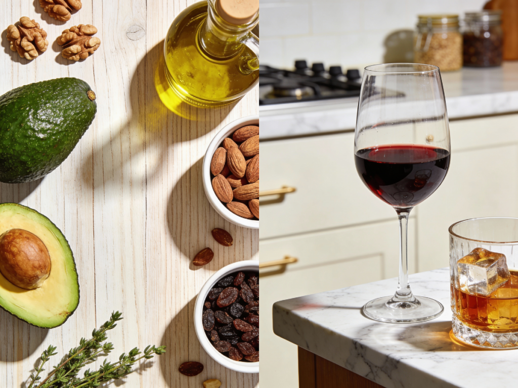 Eleganckie zestawienie zdrowej żywności i dozwolonych trunków ilustrujące alkohol na keto.