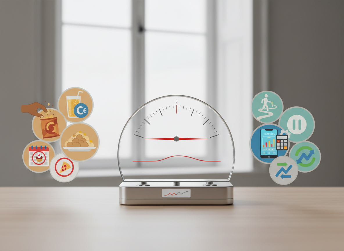 Grafika ilustrująca wyzwania i rozwiązania w procesie ile kalorii dziennie żeby schudnąć, takie jak plateau i błędy w liczeniu.