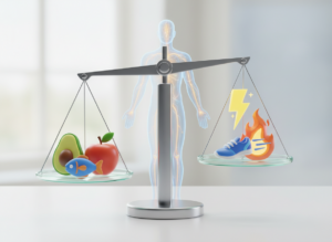 Ile kalorii dziennie jeść - grafika przedstawiająca równowagę między jedzeniem a energią