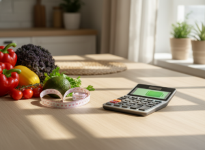 Kalkulator deficyt kaloryczny w otoczeniu zdrowej żywności jako symbol zrównoważonego odchudzania