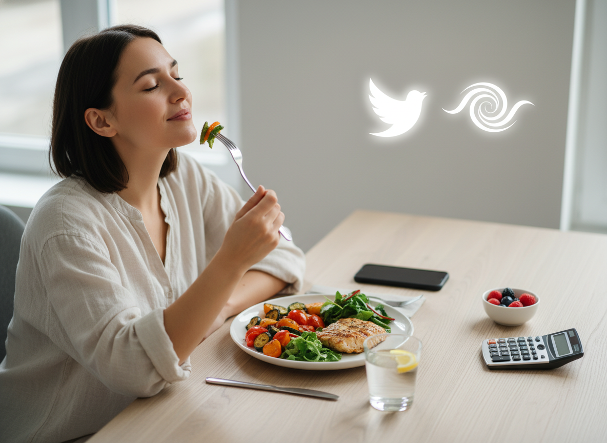 Kobieta jedząca intuicyjnie, która odstawiła dziennik kalorii na bok