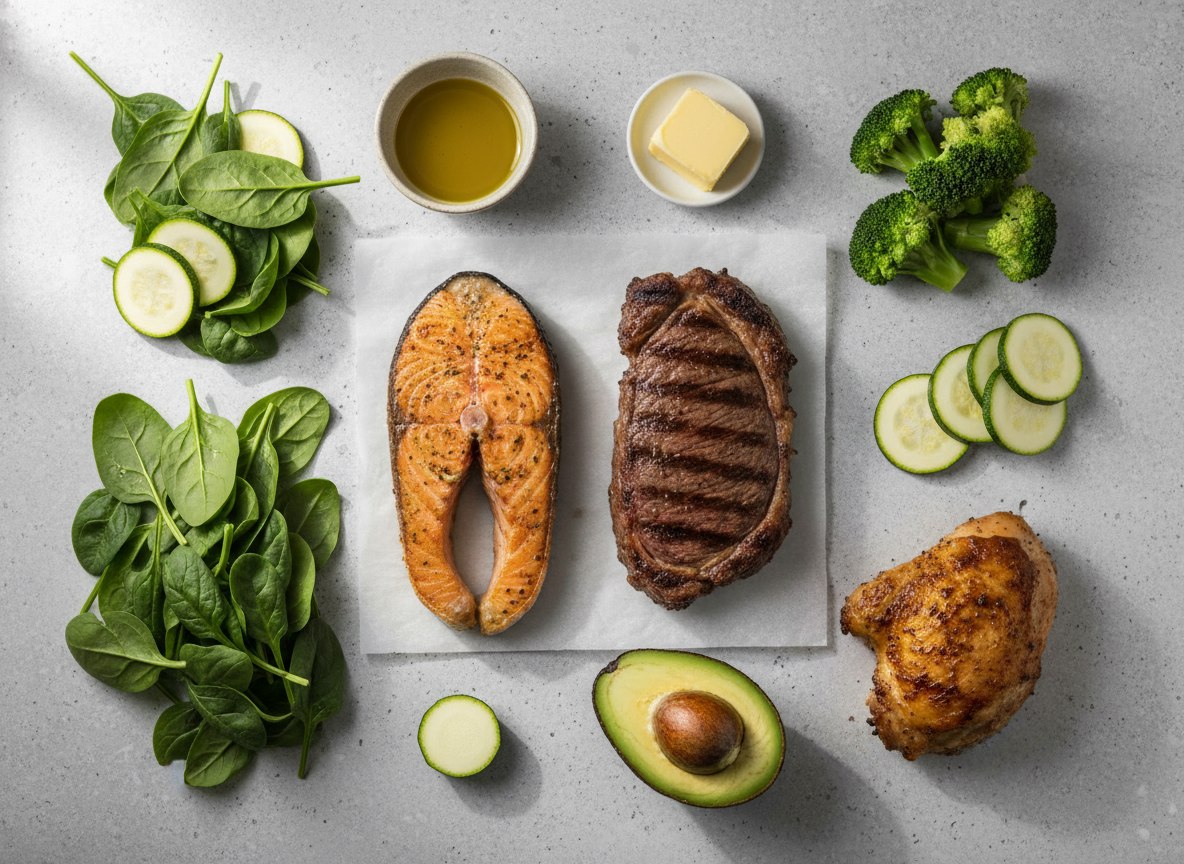 Kompozycja zdrowych produktów: mięsa, ryby, awokado, warzywa, pokazująca co można jeść na diecie keto.