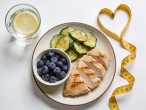 Lekkostrawny posiłek i miarka krawiecka symbolizujące efekty, jakie daje dieta na płaski brzuch.