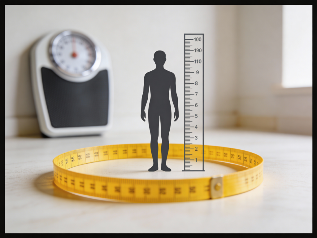 Miarka krawiecka i linijka jako symbole wskaźnika whtr w kontraście do wagi łazienkowej