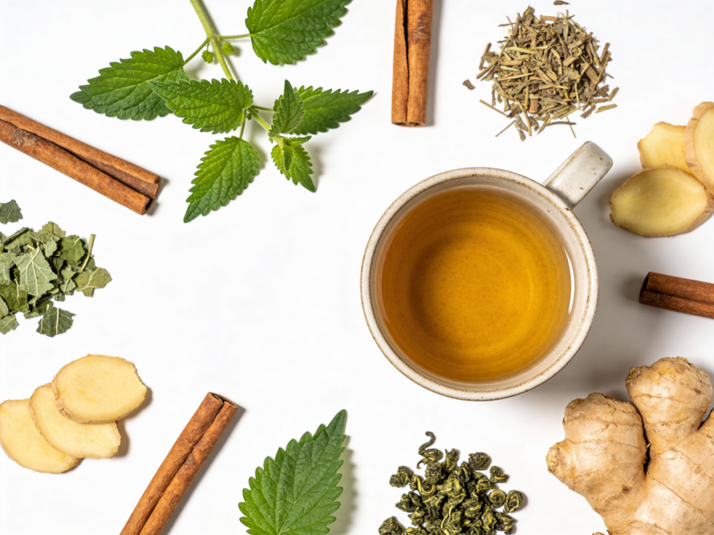 Naturalne zioła na odchudzanie, mięta, cynamon i imbir wokół filiżanki naparu