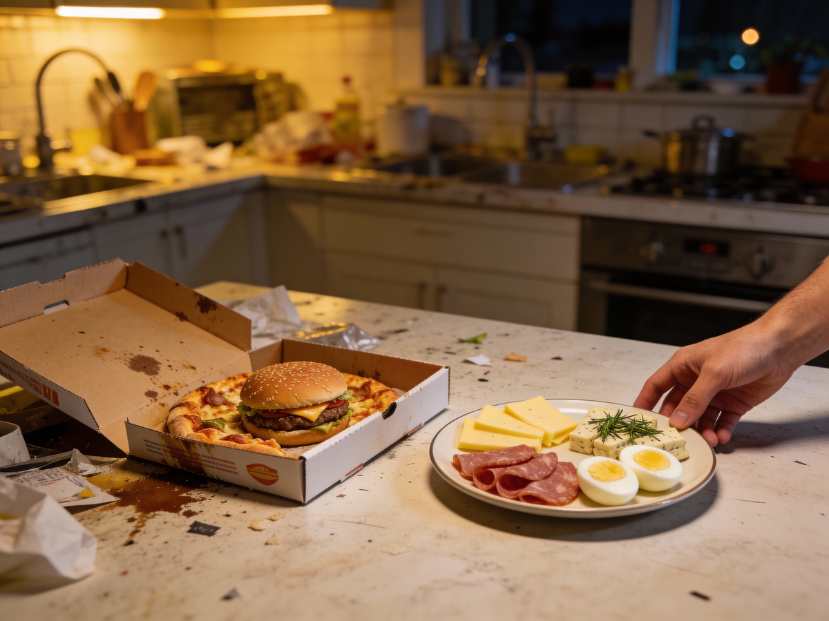 Przygotowane keto przekąski kontra fast food, pomagające przetrwać alkohol na keto bez podjadania.
