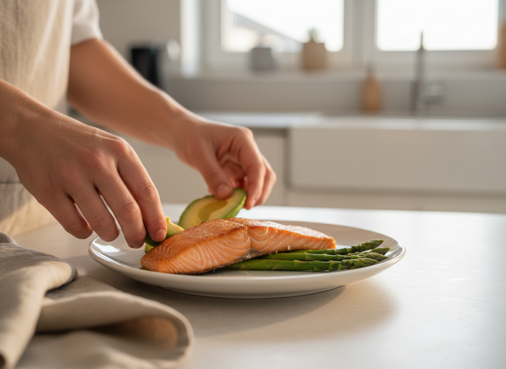 Ręce układające łososia, szparagi i awokado na talerzu, prezentujące pyszne dieta keto przepisy.