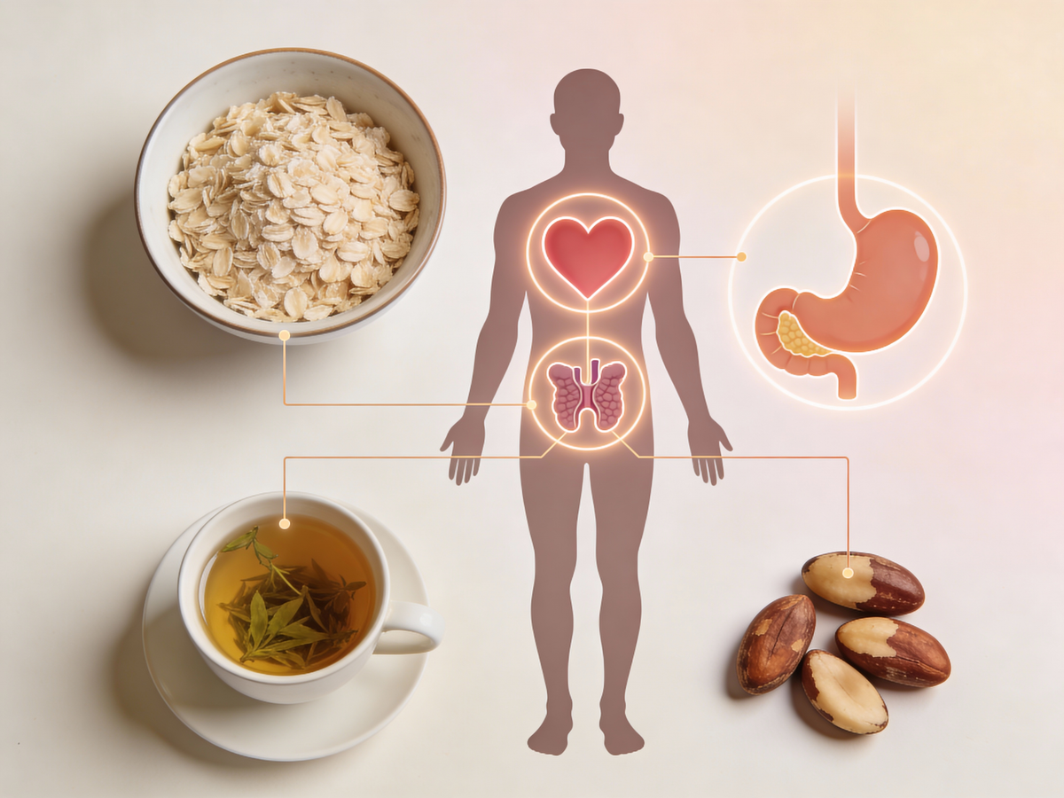 Schemat przedstawiający wpływ żywności na różne organy w ramach diety w chorobach.