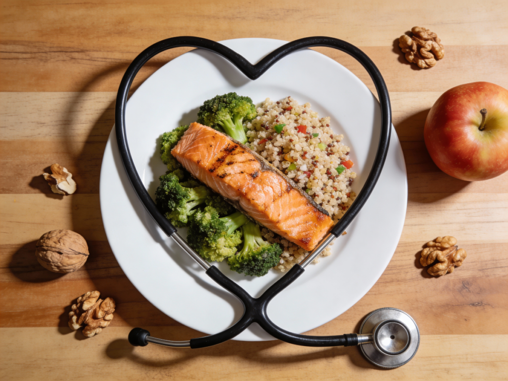 Smaczny i zdrowy posiłek owinięty stetoskopem symbolizujący diety w chorobach.