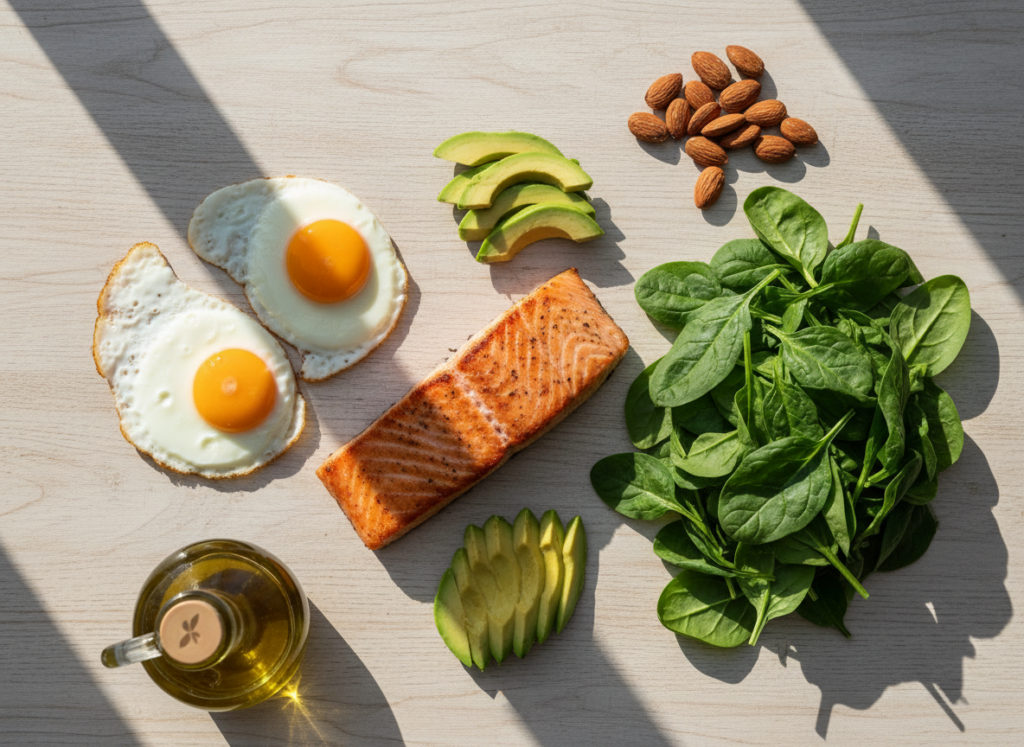 Starannie skomponowane produkty: awokado, łosoś, jajka, szpinak. Ilustracja, co można jeść na diecie keto.