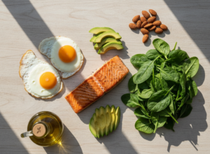 Starannie skomponowane produkty: awokado, łosoś, jajka, szpinak. Ilustracja, co można jeść na diecie keto.