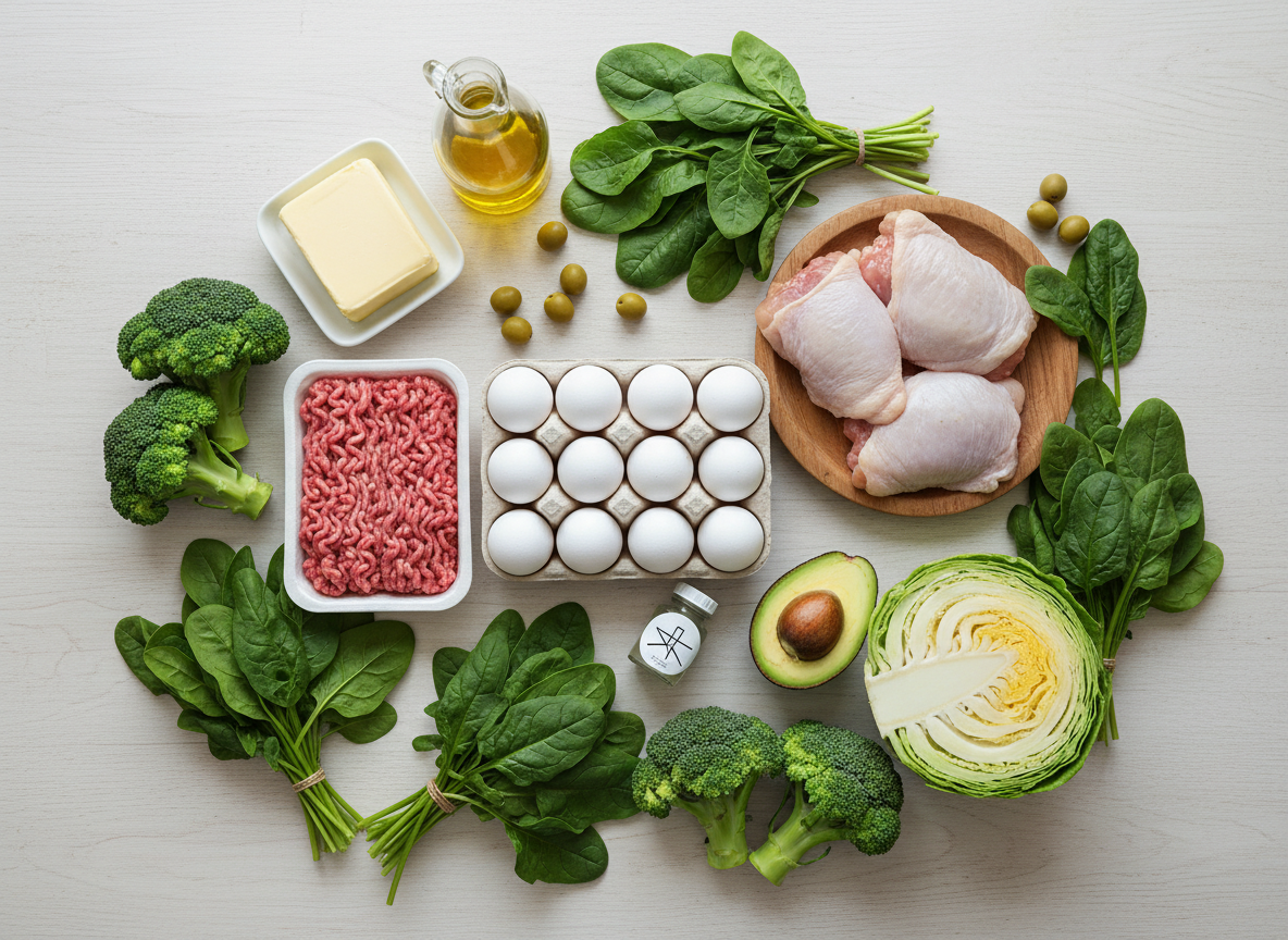 Stół z tanimi, zdrowymi produktami i suplementami do budżetowego jadłospisu diety ketogenicznej.