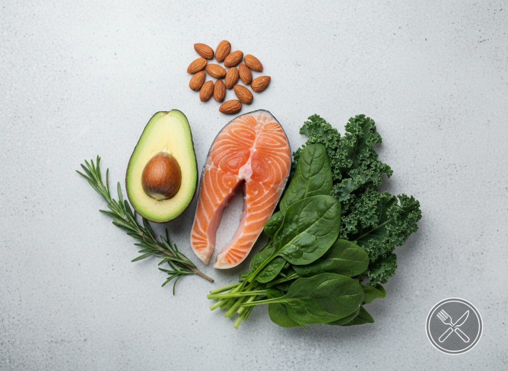 Świeże składniki diety ketogenicznej, takie jak awokado, łosoś i orzechy, tworzące zbilansowany jadłospis.