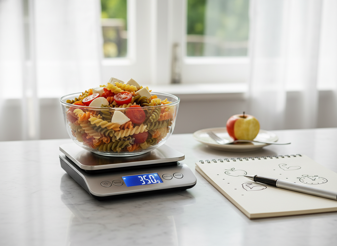 Waga kuchenna i papierowy dziennik kalorii do nauki szacowania porcji