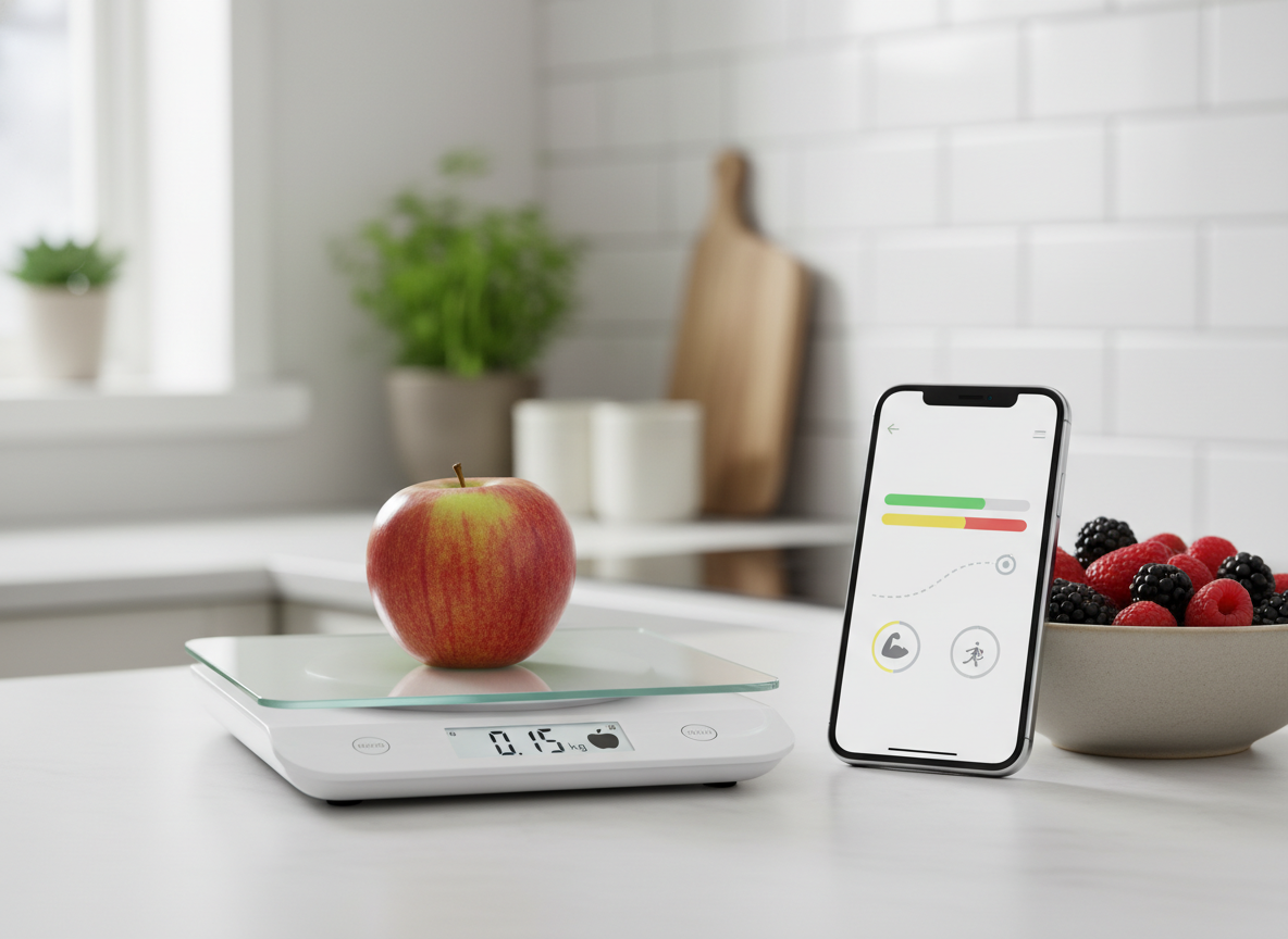 Waga kuchenna i telefon pomocne w tym jak obliczyć zapotrzebowanie kaloryczne