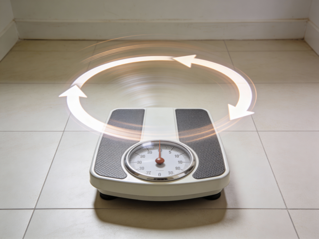 Waga łazienkowa z ruchomą wskazówką symbolizująca cykliczny efekt jojo i wahania masy ciała.