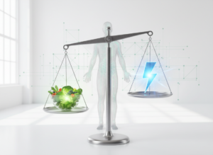 Waga szalkowa symbolizująca równowagę energetyczną i dokładny kalkulator zapotrzebowania kalorycznego.