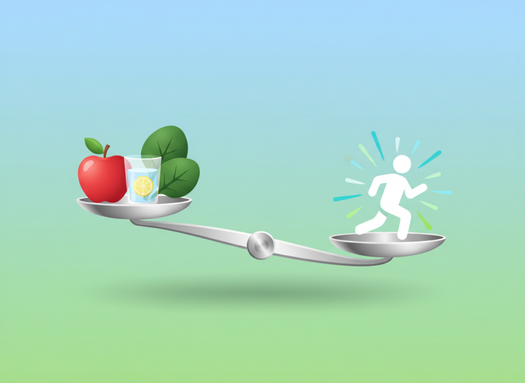 Waga z jedzeniem i osobą ćwiczącą symbolizująca ile kalorii dziennie żeby schudnąć.