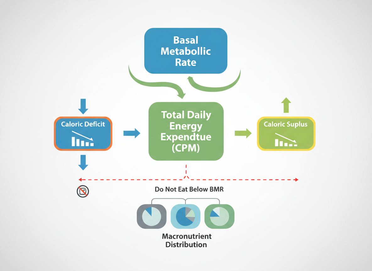 Wizualizacja praktycznego zastosowania kalkulatora BMR do obliczania CPM i planowania makroskładników.