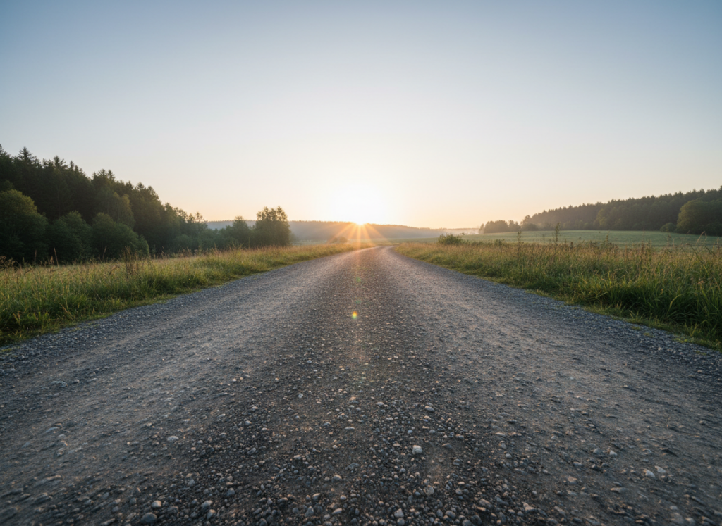 Wyraźna, spokojna ścieżka w naturze, prowadząca ku jasnemu horyzontowi, symbolizująca podróż odchudzanie.
