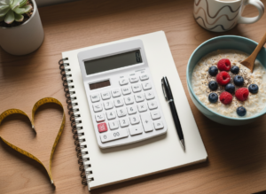 Zdrowe śniadanie i kalkulator jako ilustracja artykułu jak obliczyć zapotrzebowanie kaloryczne