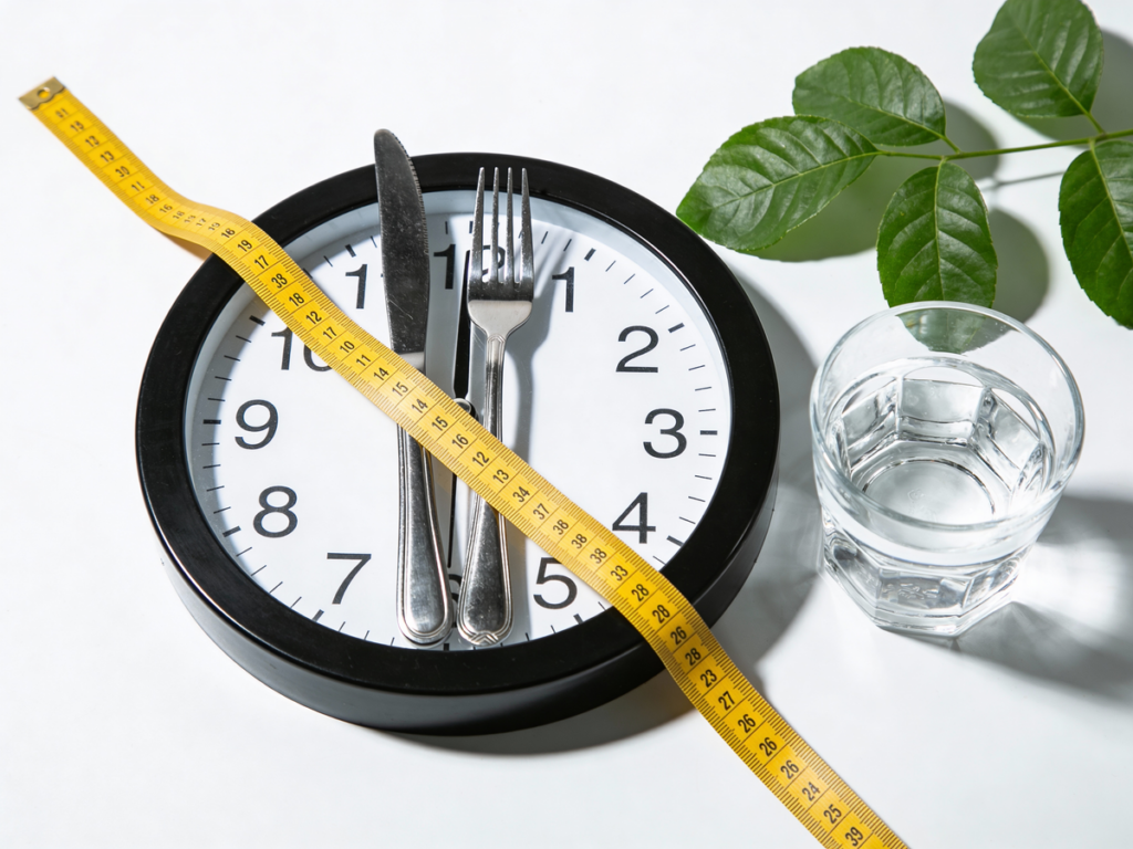 Zegar w formie talerza i miarka krawiecka obrazujące post przerywany ile schudne