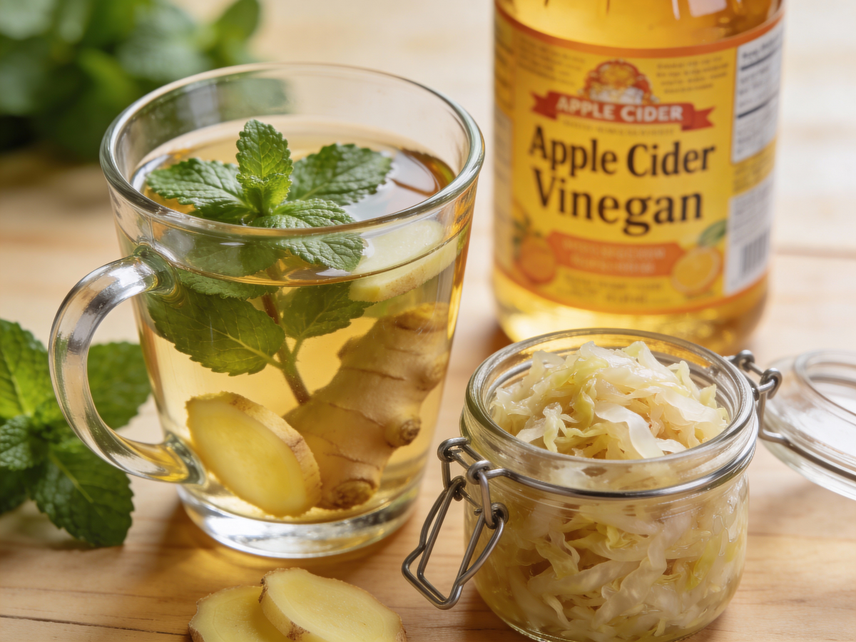 Ziołowe napary i naturalne probiotyki wspomagające trawienie w diecie na płaski brzuch.