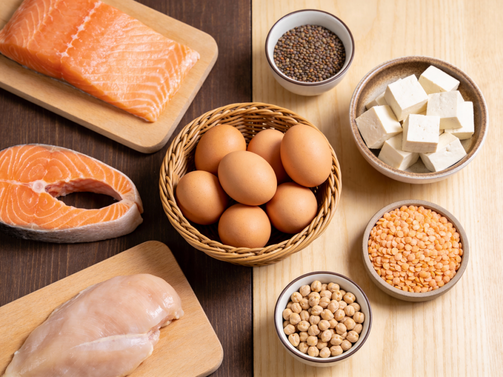 Zróżnicowane produkty spożywcze prezentujące zwierzęce i roślinne najlepsze źródła białka