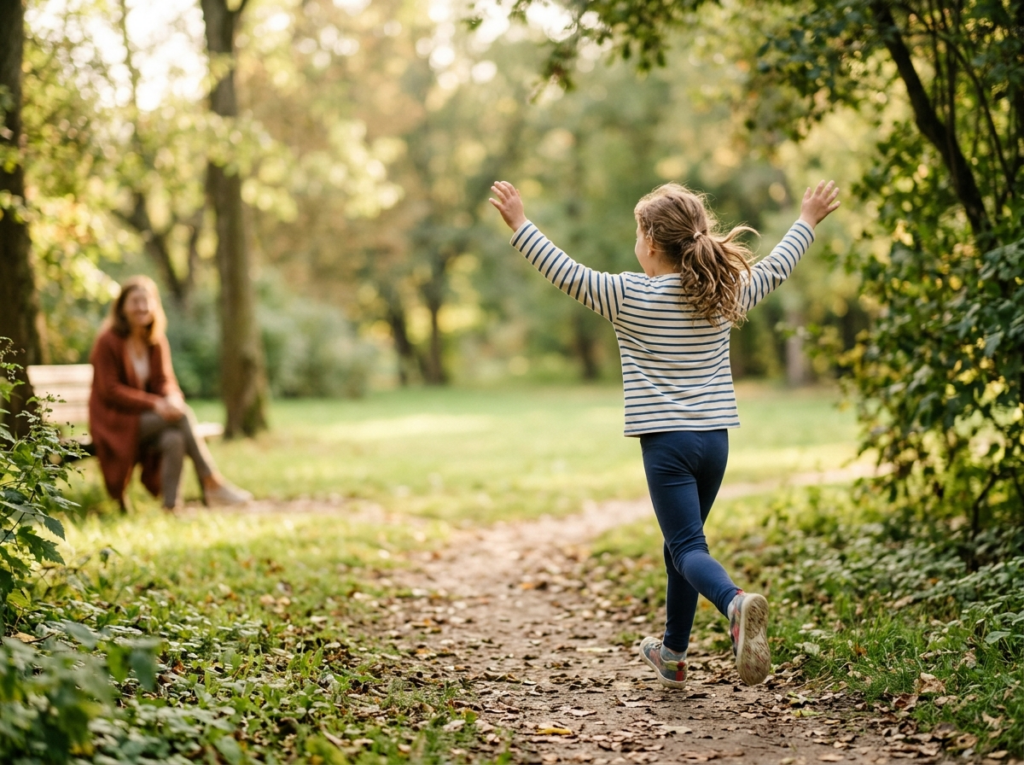 Aktywne polskie dziecko bawi się w słonecznym parku, ukazując zdrowe bmi dla dzieci.