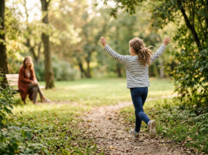 Aktywne polskie dziecko bawi się w słonecznym parku, ukazując zdrowe bmi dla dzieci.