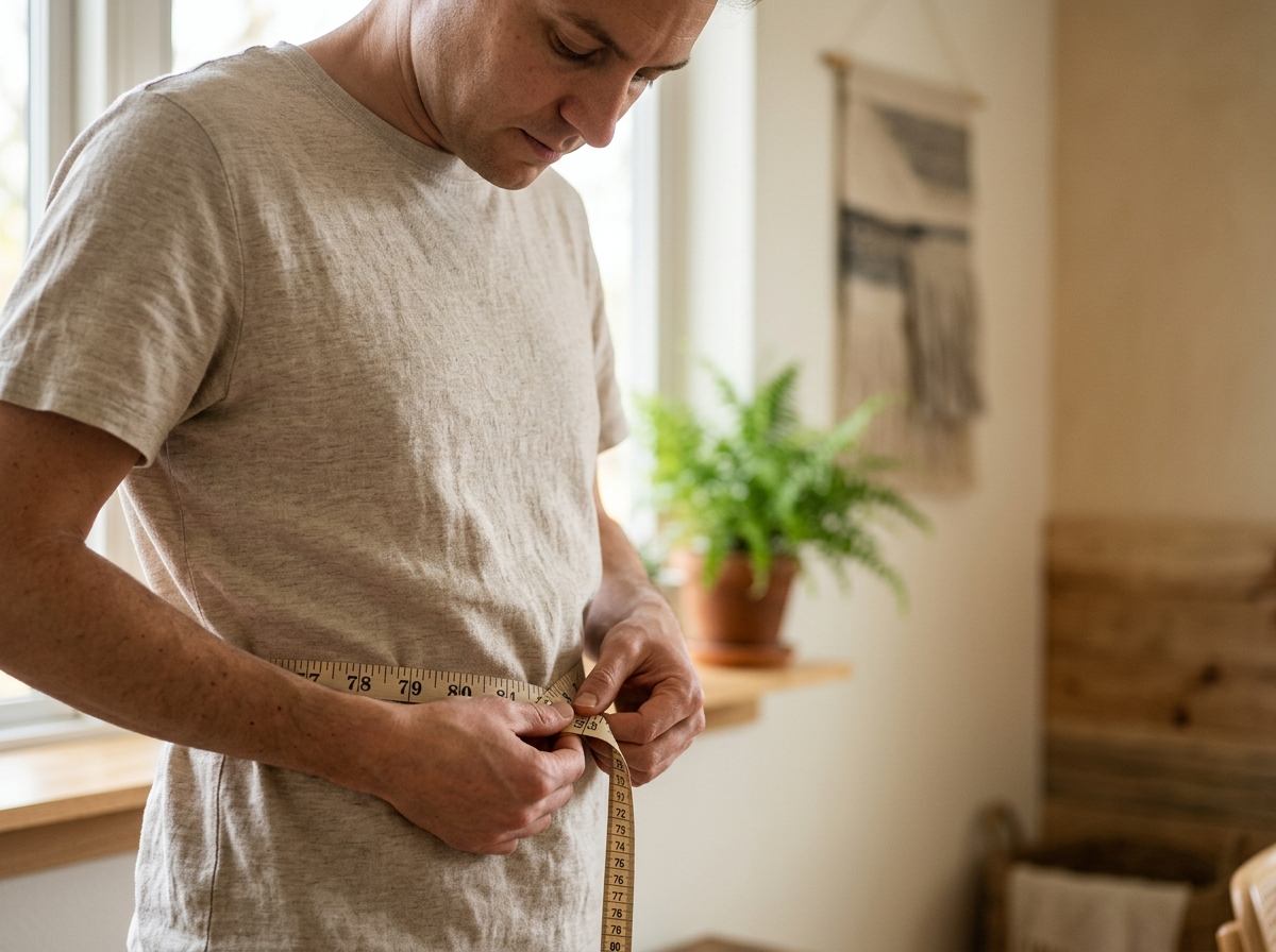 Bliskie ujęcie osoby mierzącej obwód talii, symbolizujące kompleksową ocenę zdrowia poza licznikiem BMI.