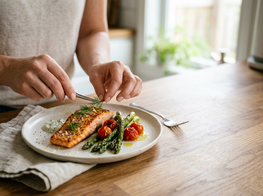 Bliskie ujęcie rąk układających świeże low carb przepisy z grillowanym łososiem i warzywami na talerzu.