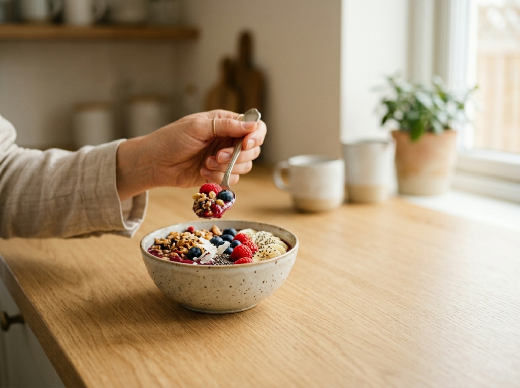 Candid shot przedstawiający ręce cieszące się świeżym, kolorowym zdrowym śniadaniem z owocami i płatkami owsianymi.