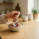 Candid shot przedstawiający ręce cieszące się świeżym, kolorowym zdrowym śniadaniem z owocami i płatkami owsianymi.