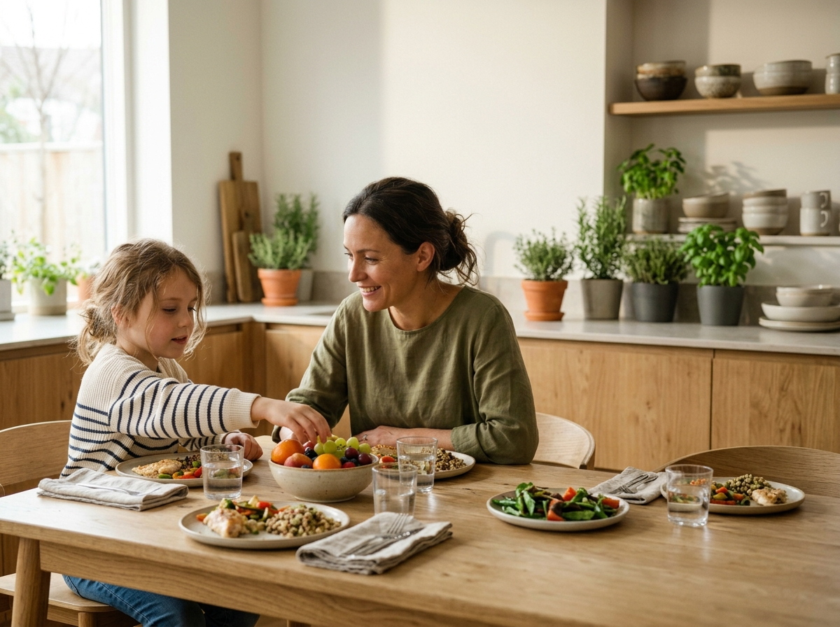 Candid zdjęcie dziecka i rodzica, którzy z radością jedzą zdrowy posiłek. Wspiera świadome podejście do bmi dzieci kalkulator.