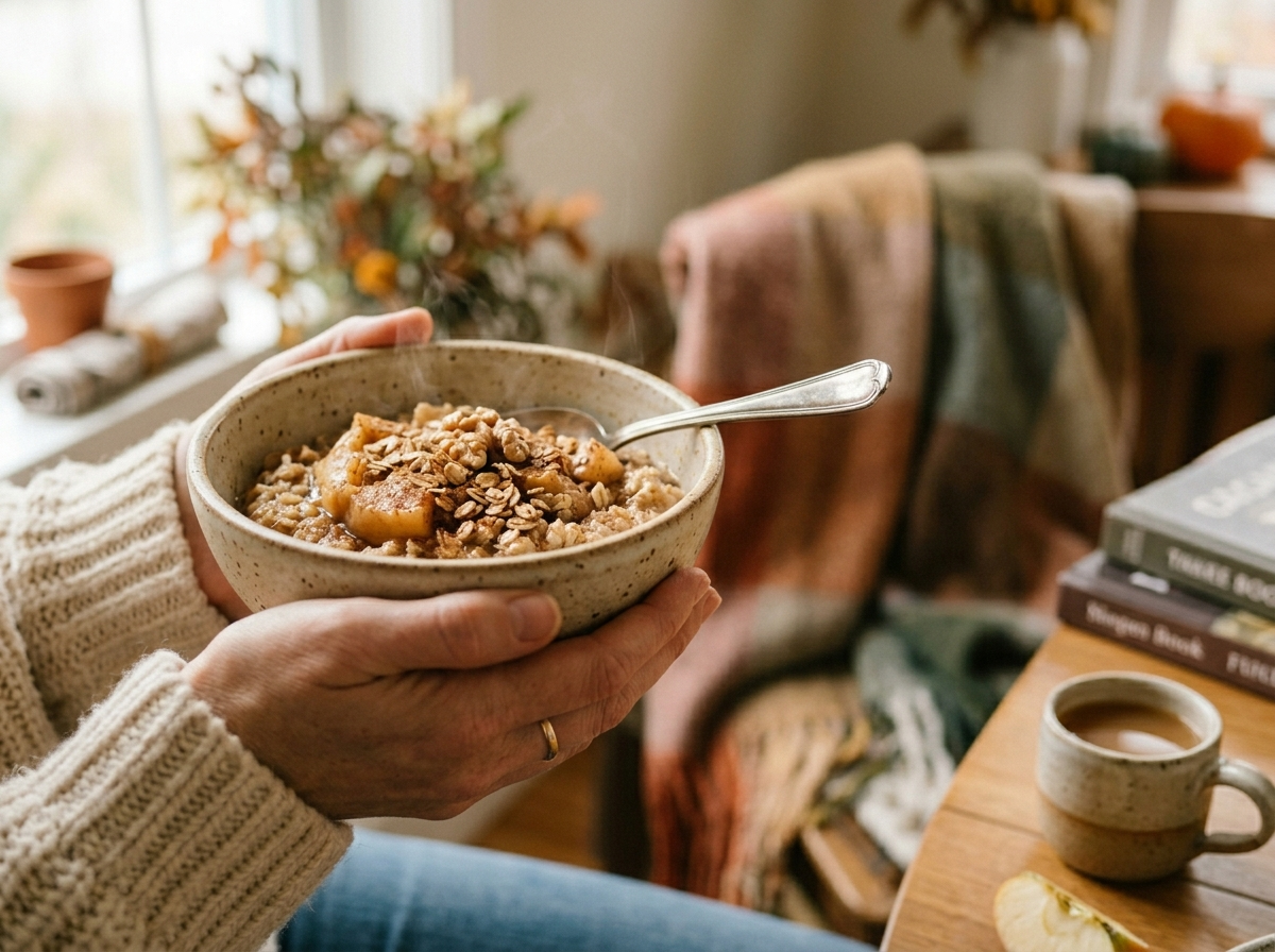 Ciepła owsianka jabłkowo-cynamonowa w dłoniach, idealne jesienne śniadanie na słodko w domowym zaciszu.