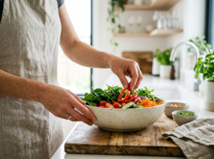 Dłonie przygotowujące świeżą, kolorową sałatkę. Inspiracja co jeść żeby schudnąć zdrowo.